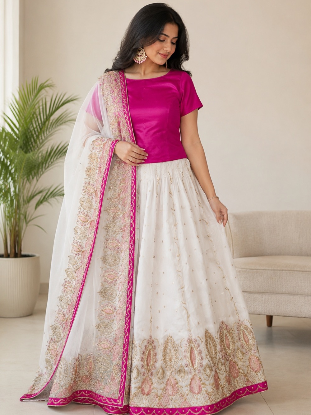 Elegant Pink and White Embroidered Skirt